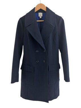 Halogen Double Breasted Notch Collar Topcoat Navy Blue Pockets Ponte Knit Size S